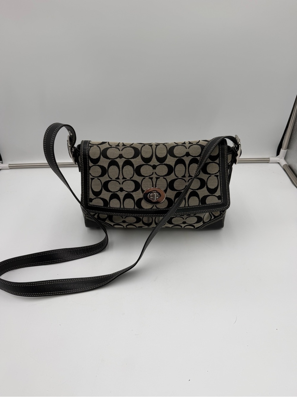 Y2K Coach F13092 Signature Jacquard Black Leather Shoulder Crossbody Bag